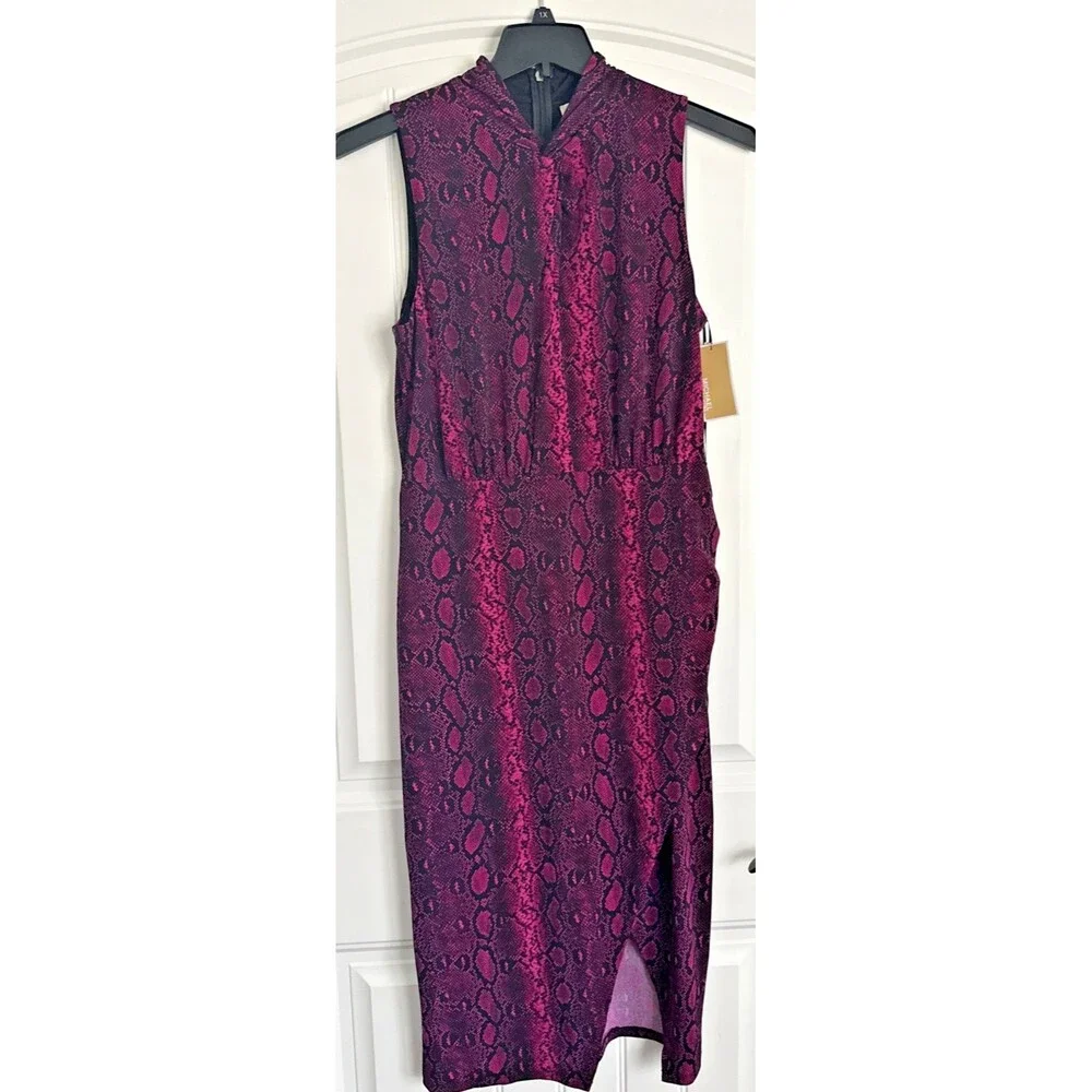 Michael Kors Women's Snakeskin-Print Sleeveless Midi Dress Fuchsia L (NO BELT)